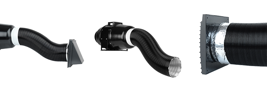Čierne vzduchové flexi potrubie Dalap ALUDAP D je možné ľahko napojiť na ventilátory aj vetracie mriežky.