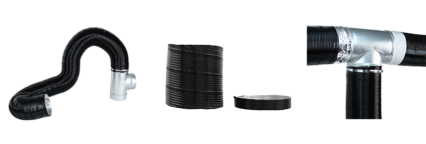 Čierne hliníkové ohybné potrubie Dalap ALUDAP D je možné tvarovať, rozťahovať aj montovať podľa potreby.